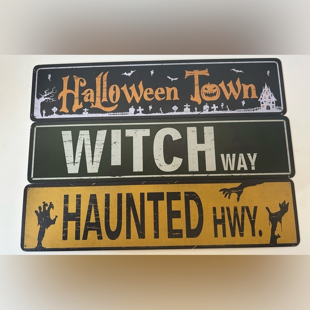 NWT HALLOWEEN METAL STREET SIGNS. Distressed metal road signs in 3 designs